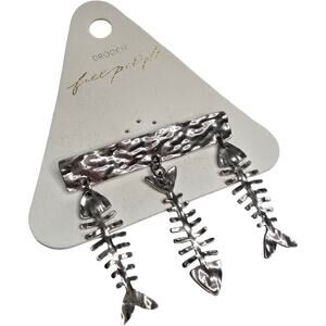 Free People‎ Fish Bone Skeleton Brooch Silver Dangle Pin Boho Coastal Punk